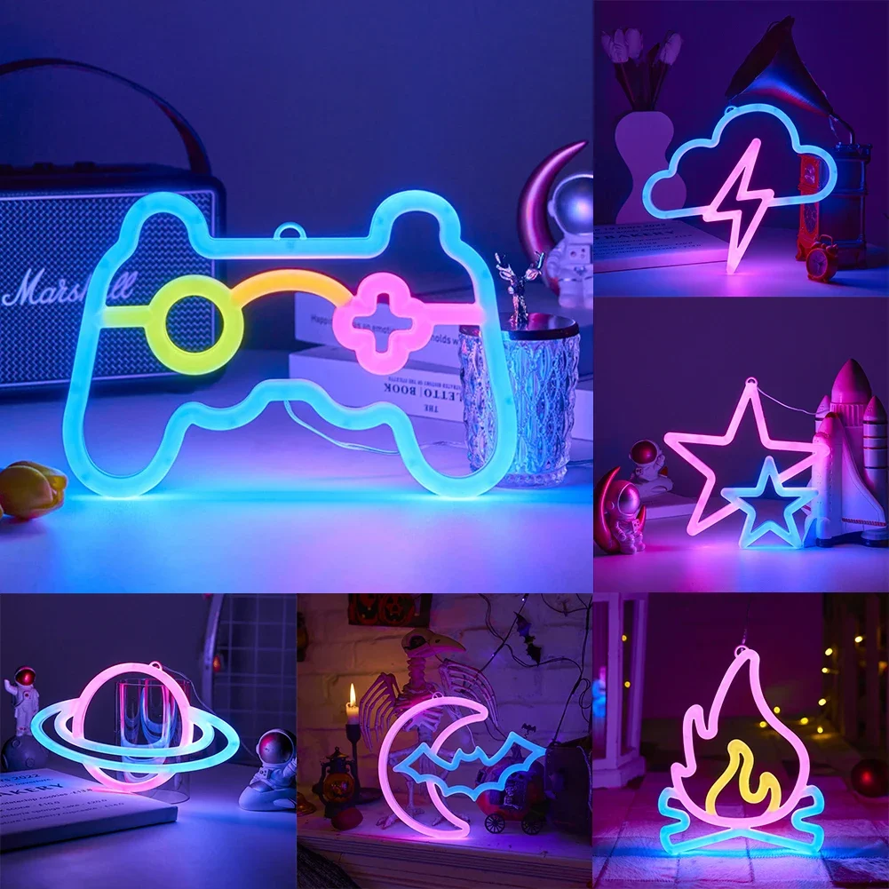 Gamepad Feuer Mond Stern LED Helle Neon Licht Nacht Zeichen Modellierung Lampe Zimmer Wand Kunst Dekoration Großhandel Weihnachten Geburtstag Hochzeit