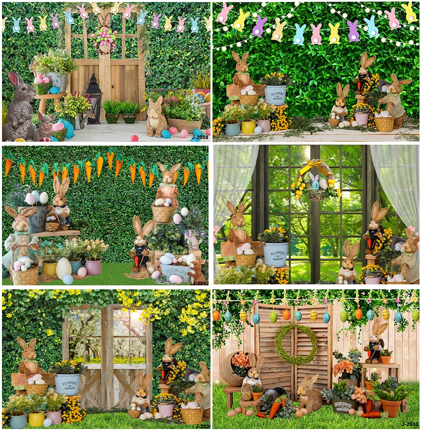 Grassland Green Leaves Spring Rabbit Carrots Backdrops Eggs Newborn Birthday Photographic Window Wood Door Backgrounds Banner