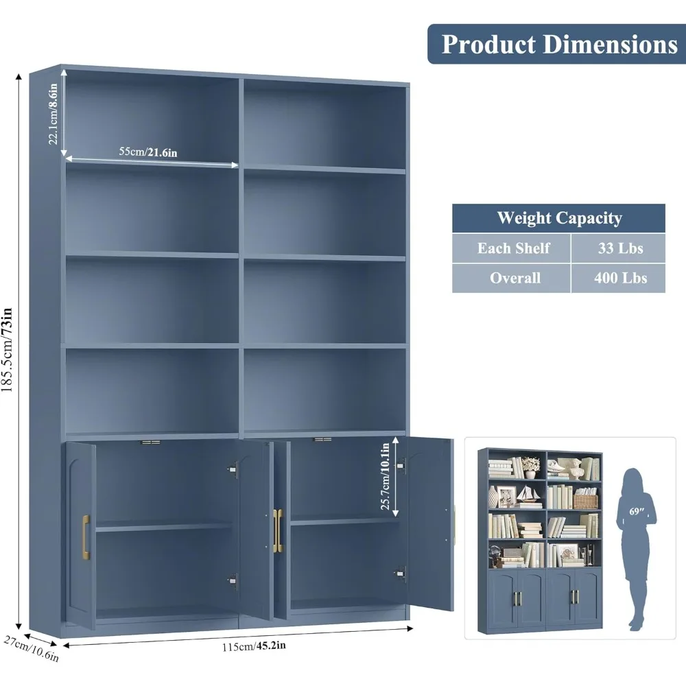 Bookshelf and Bookcase with Doors, 6 Tier Double Wide Large Bookshelves, Open Display Shelves, 73'' Tall Bookshelf with Storage