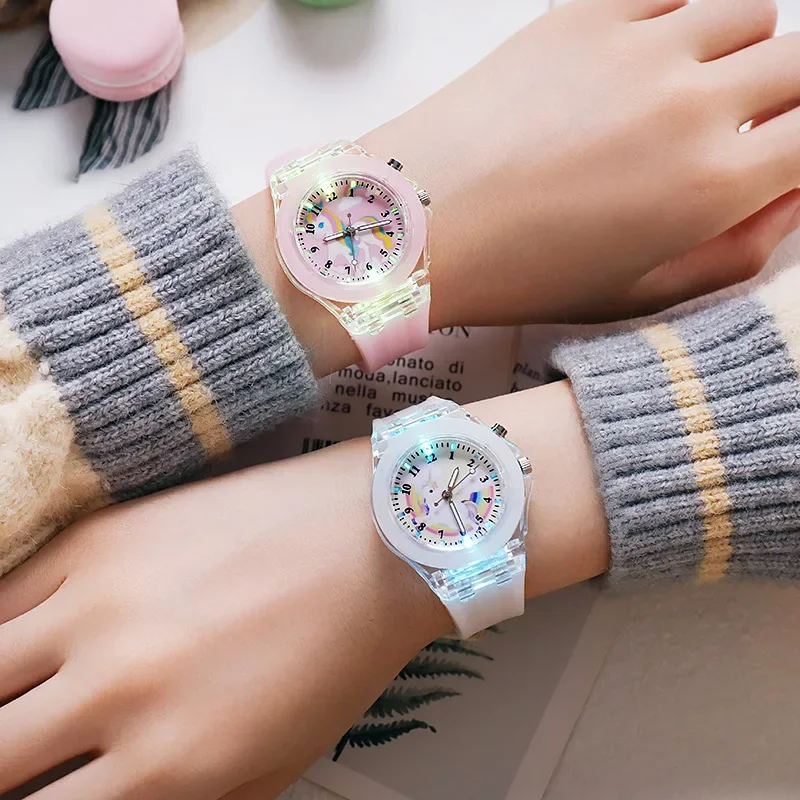 Cartoon Unicorn Kids Watch Luminous Silicone Quartz Watches Cute Multicolor Children Female Clock Relogio Mujer montre enfant