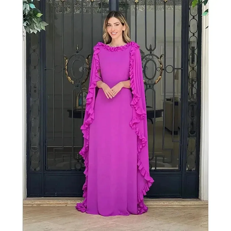 Chiffon Mother Of The Bride Dresses With Long Cape Floor-Length Wedding Guest Dress Ruffled Sweep Train Evening Gowns