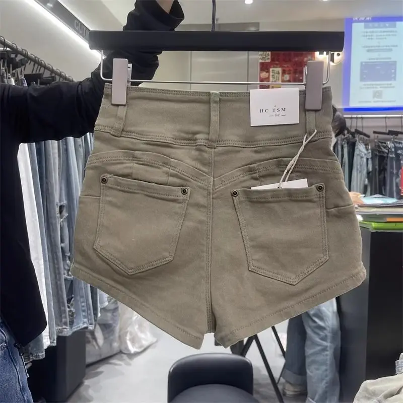 Pantalones cortos Y2k de color caqui ajustados de cintura alta para mujer, novedad de 2025, pantalones cortos Retro con palabra A y cadera