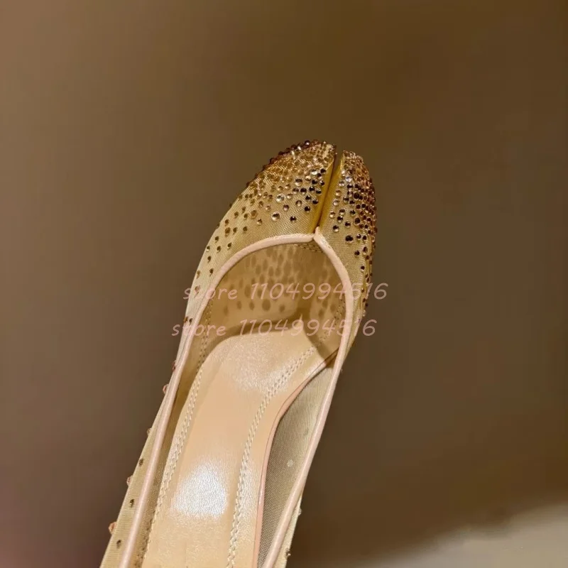 Split Toe Mesh Rhinestone Stiletto Pumps Women Diamond Studded Shallow Solid Thin Heels Lady Elegant Party Wedding Single Shoes