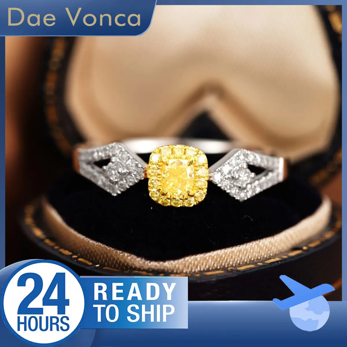 

18K White Gold Cushion Cut Natural Yellow Diamond Ring Yellow Halo Diamond Ring Unique Pavé Set Open Cut Shank Diamond Ring