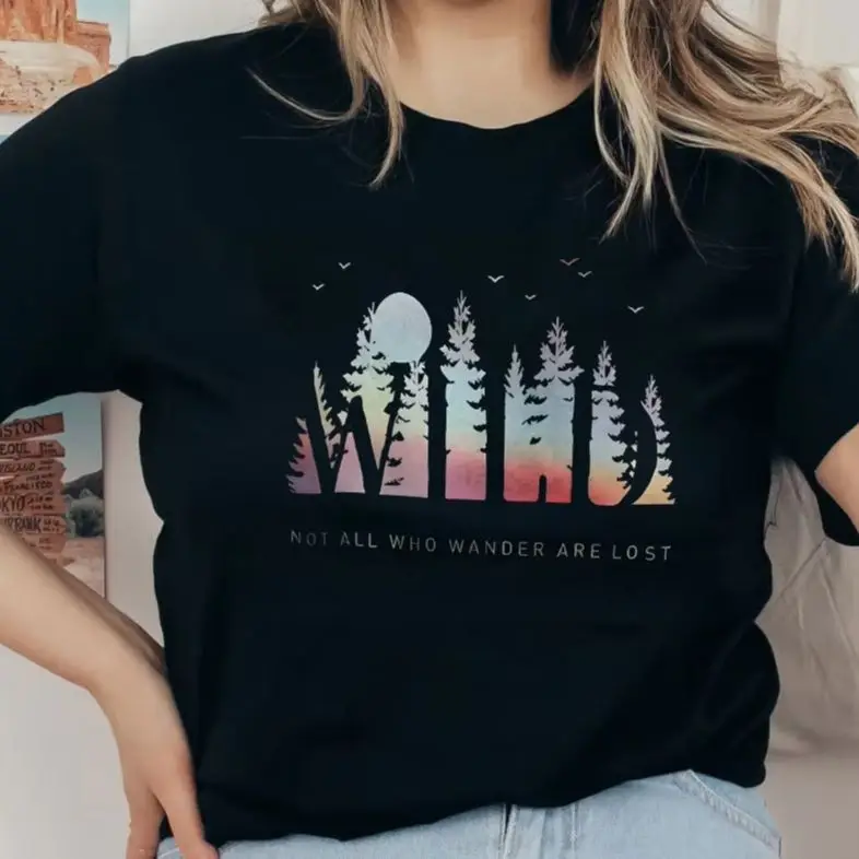 

T-Shirt Retro Vintage Graphic Colorful Tees Street Wear Y2K Women‘s Clothes Cotton Casual Crew Neck Colorful Woods Silhouette