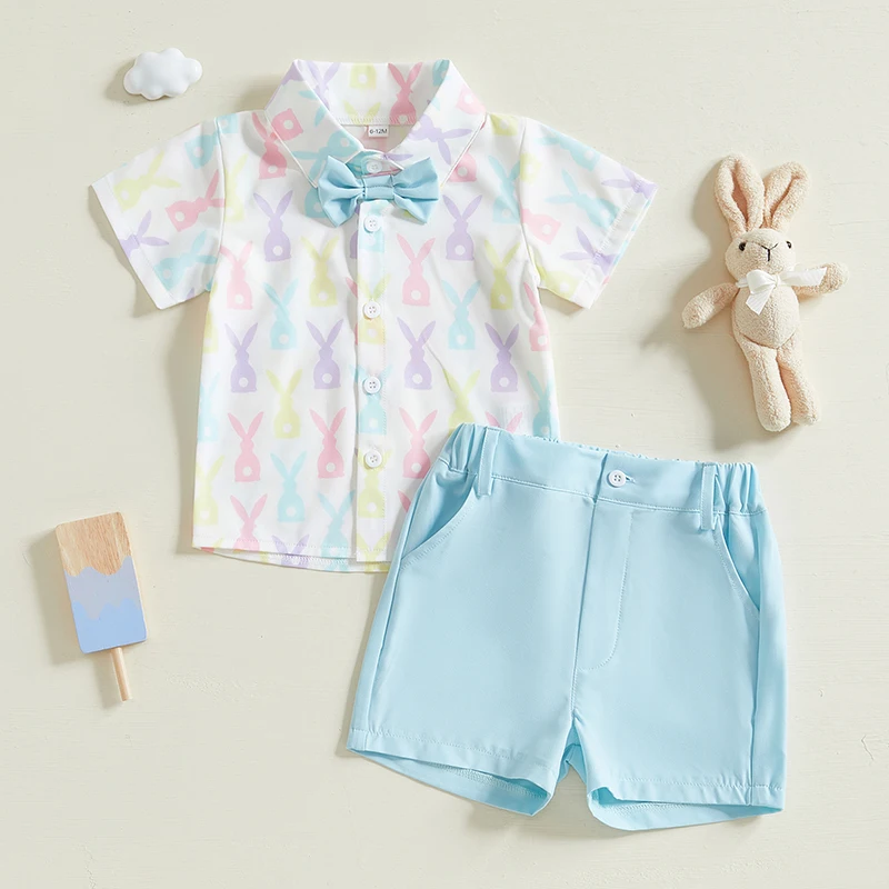 Toddler Baby Boy Easter Outfit Short Sleeve Bunny Print Bow Tie Button Down Shirt Top Shorts 2Pcs Set