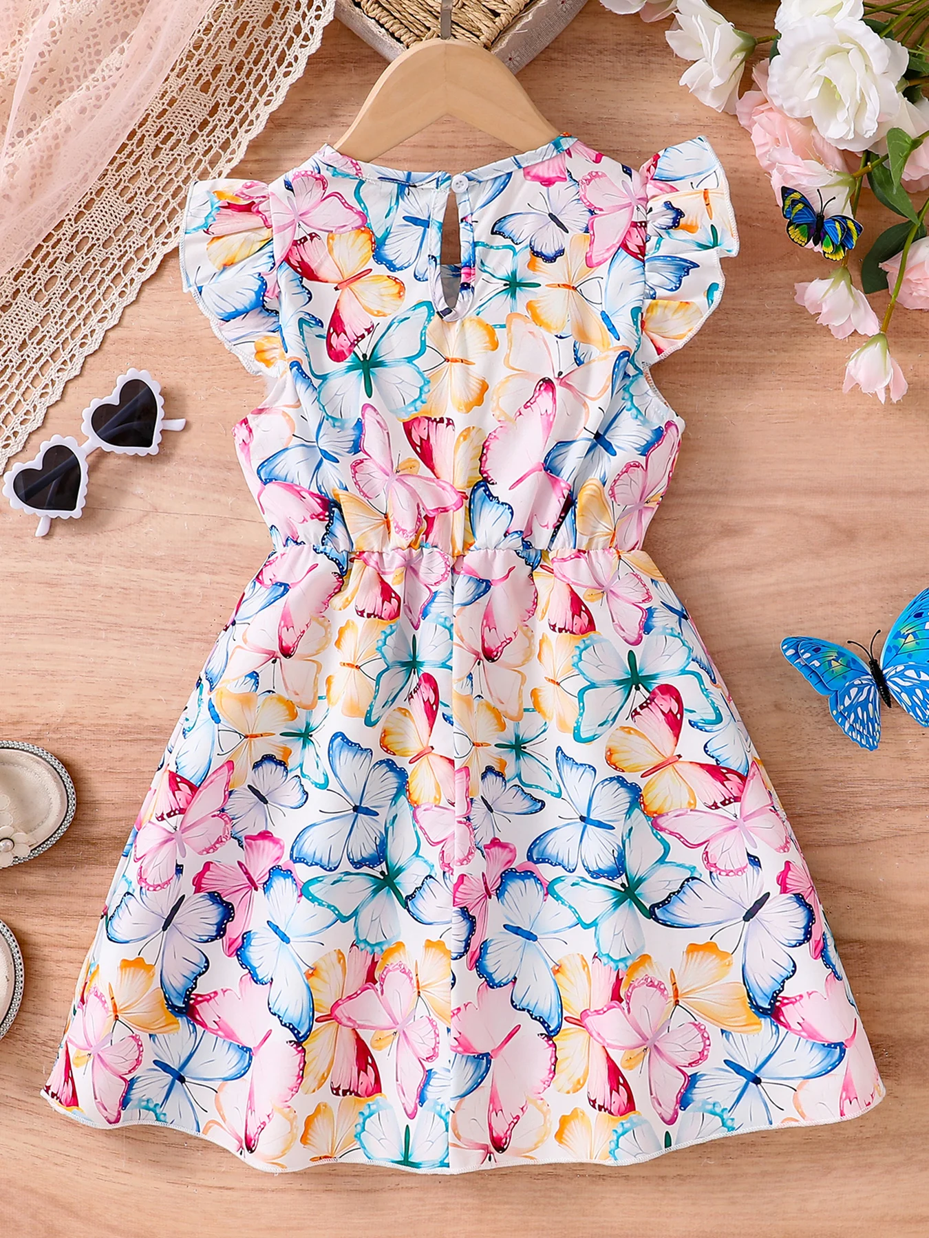 New 1-Piece Set: Girls' Summer Thin Sleeveless Dress, Children's Comfortable Soft Bow Print Round Neck Flutter Sleeve Elastic Waist Dress, Cute and Fashionable Outfit for Girls, Youthful Sweet Princess Holiday Style Outfit, Suitable for 4-5-6-7-8 Years Old, Suitable for Outdoor Activities, Casual Wear, Parties, Holiday Gifts, Eid, Easter, and Carnival for Girls