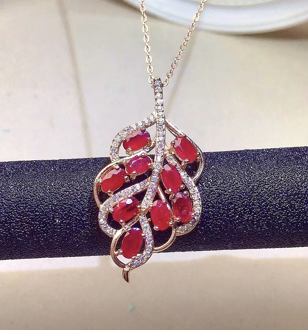 Classic 925 Silver Ruby Pendant for Party Total 1.8ct 3mm*5mm  Natural Rbuy Necklace Pendant with 3 Layers 18K Gold Plating