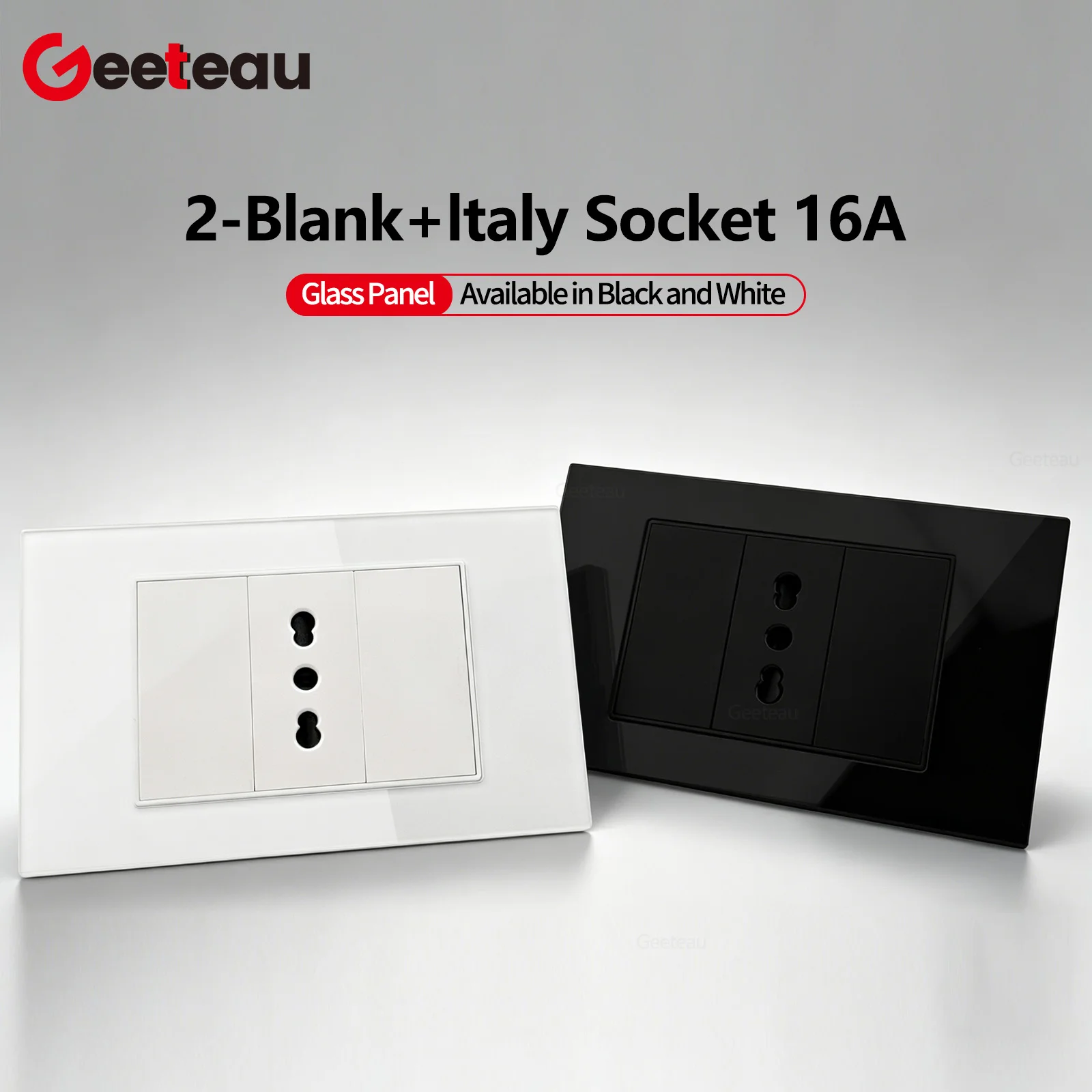 

Geeteau Italy Chile Standard Single Wall Socket 118mm Black White Tempered Glass Panel Household Indoor Electrical Power Outlet