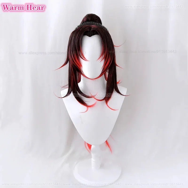 80 سنتيمتر طويلة Tsugikuni Yoriichi الاصطناعية أنيمي أسود أحمر شعر مستعار تأثيري أنيمي شعر مستعار مقاومة للحرارة الشعر هالوين شعر مستعار للحفلات + غطاء شعر مستعار