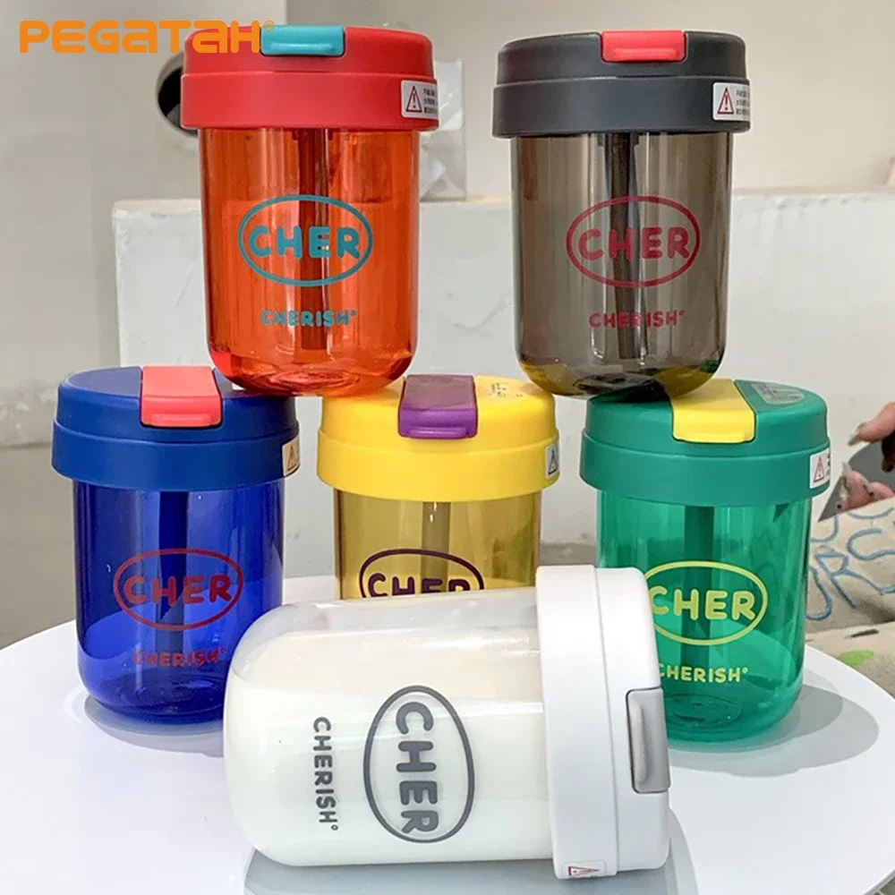 300ml Water Bottles for Girls Mini Plastic Portable Outdoor Household Sports Tea Cup with Straws Cute Kids Water Bottle