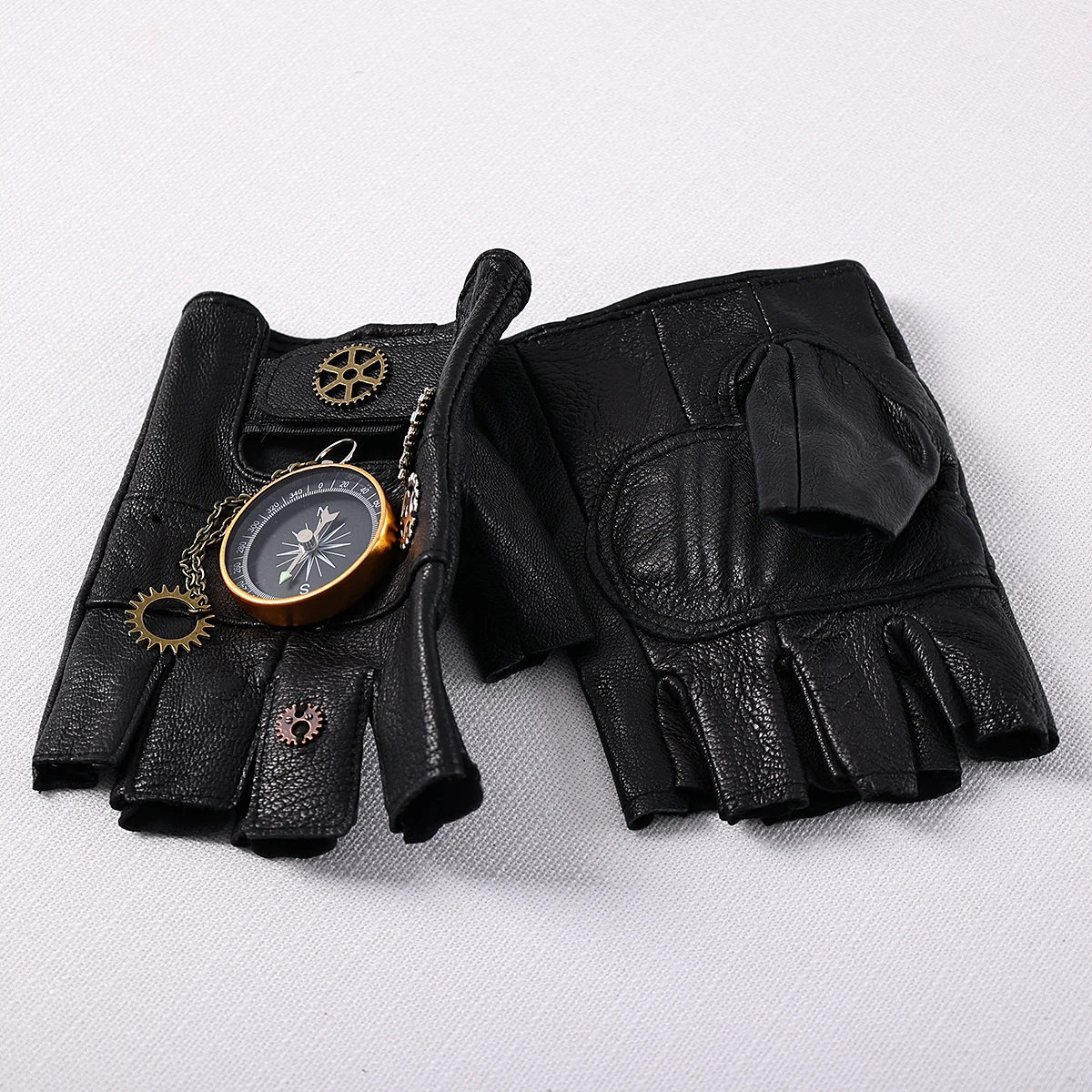 Steampunk PU Leather Fingerless Compass Gloves Men Women Fashion Hip Hop Punk Gloves Half Finger Gloves