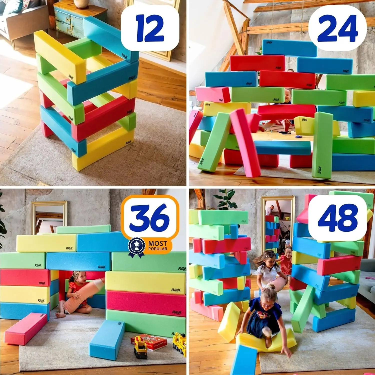 24-Piece Giant Foam Building Blocks for Kids, 28 Inch Jumbo Soft Dense Sturdy Machine Washable ASTM F963 Certified Made