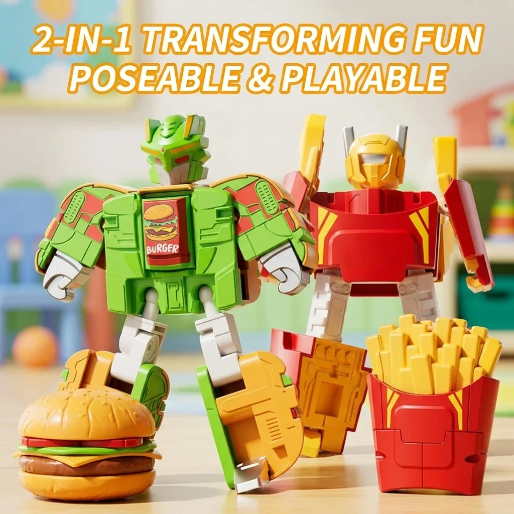 2-in-1 Transforming Food Robot Toy, Burger Fries Cola Ice Cream Deformation Robot Action Figure, Creative Kids Boys Girls Gift