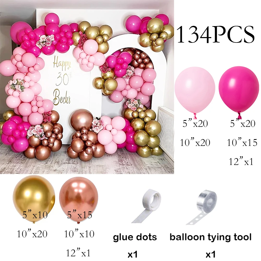 134pcs Pink Balloons Arch Kit Hot Red Rose Gold Balloon Garland Girl Princess Theme Birthday Party Baby Shower Decoration Globos