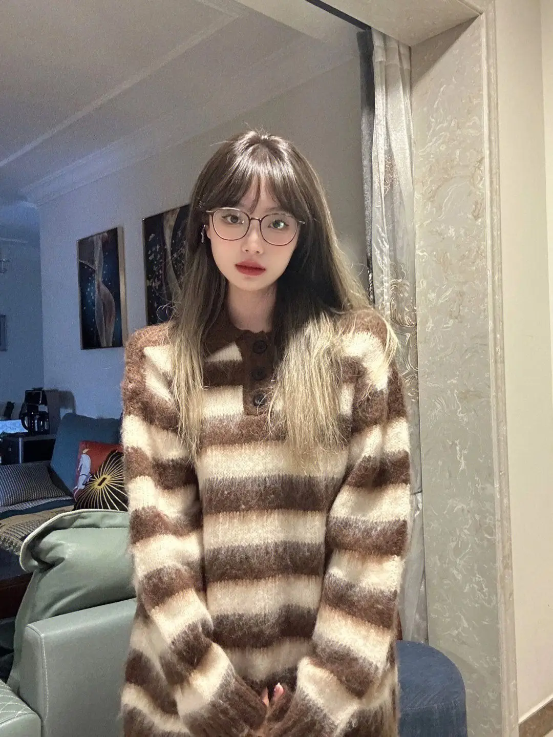 Suéter Casual a Rayas Marrones de Otoño Invierno, Talla Grande, Estilo Retro Americano, Tejido, para Mujer