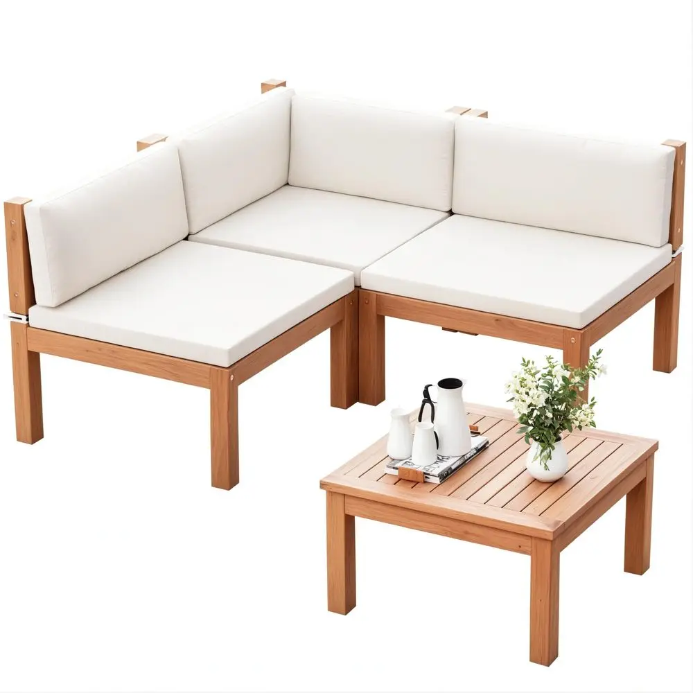 

4 Pieces Outdoor Sectional Couch Patio Sectional Sofa with Acacia Wood Coffee Table, Outdoor LShaped Couch with AllWeather Cush