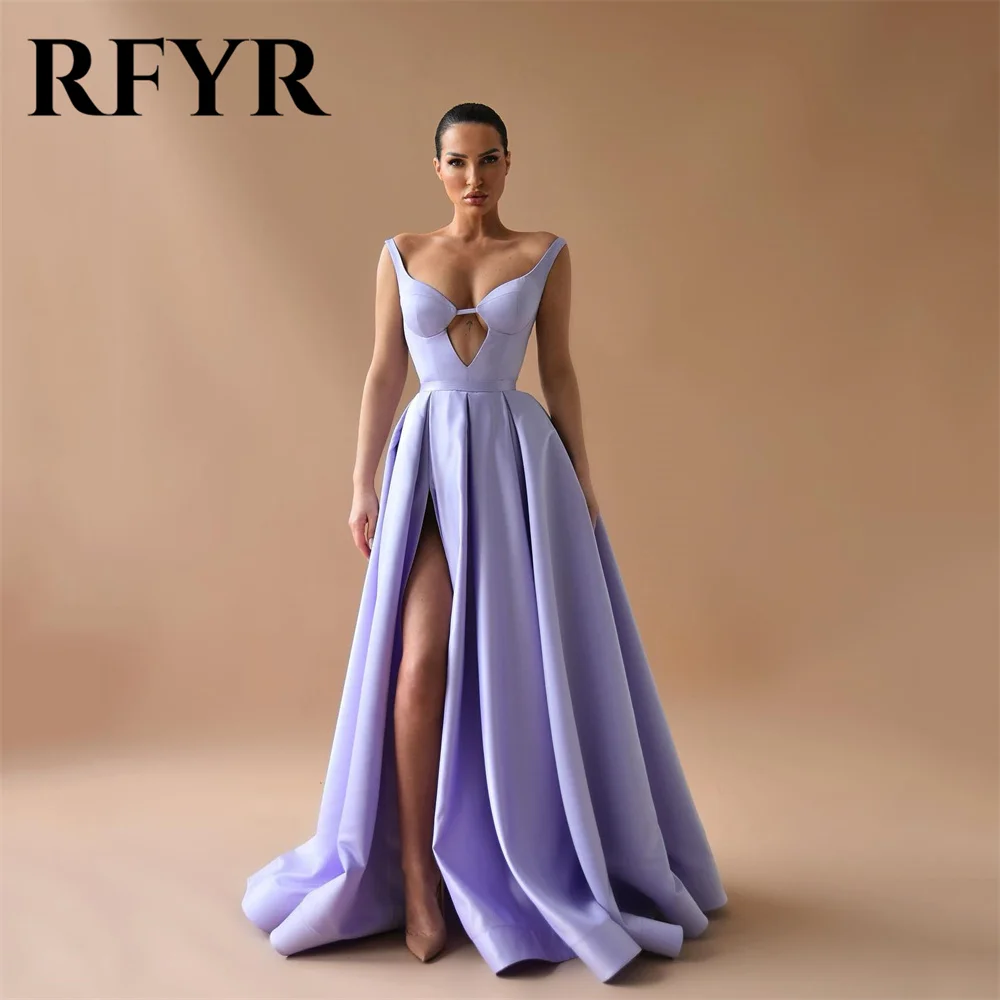 

RFYR Elegant Lavender فساتين السهرة Satin A-line Evening Dresses Long Side Slit V-Neck Prom Dress Sweep Train Vestidos De Noche