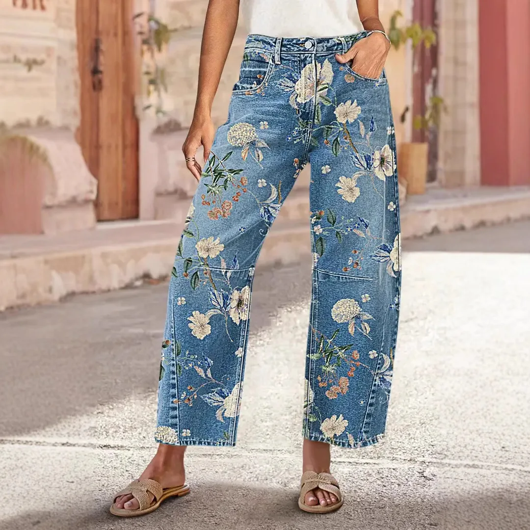 2025 Independent Station Rendy Loose Floral Print Jeans Wash Women's Cleanfit Style A-line Sleeve Other Material 100% T-shirt