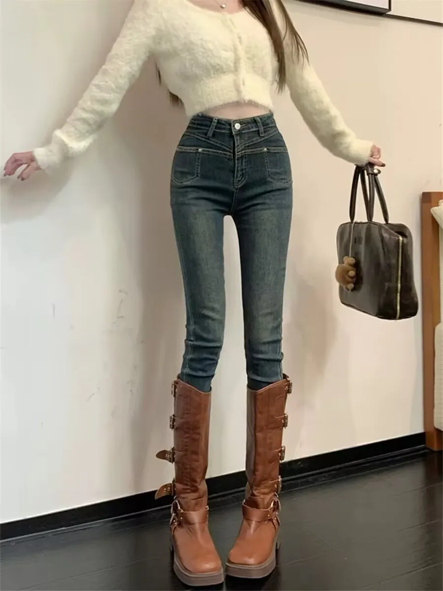 

High Waist Stretchy Slim Fit Jeans Women's Sexy Trendy Versatile Nine Point Cotton Denim High Elasticity Retro Style Cleanfit