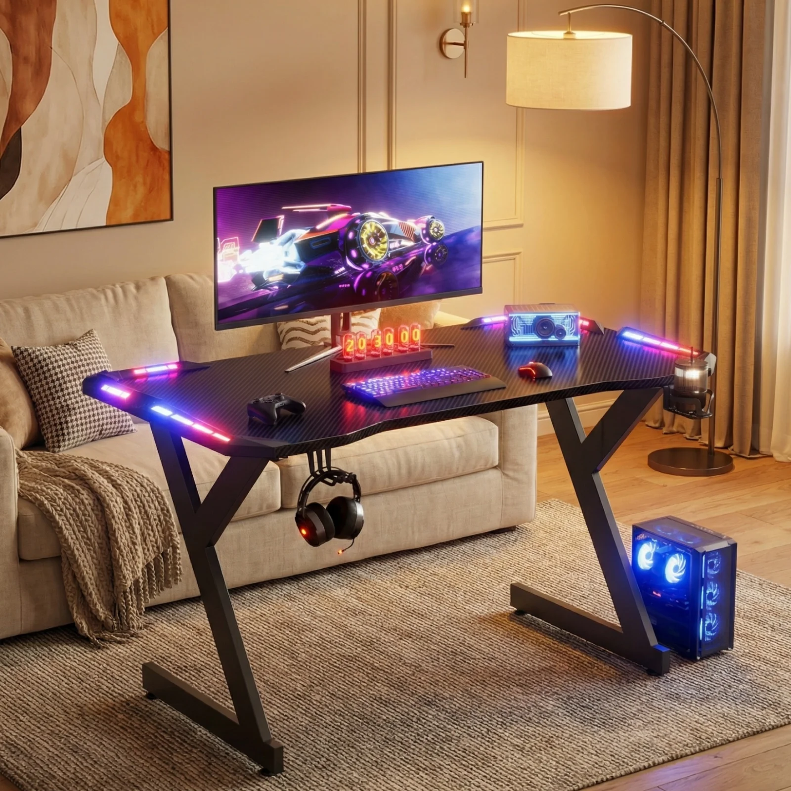 

Y‑Shaped Gaming Desk with RGB LED Lights, Ergonomic Carbon‑Fiber Surface PC Workstation Table with Headphone Hook & Cup Holder