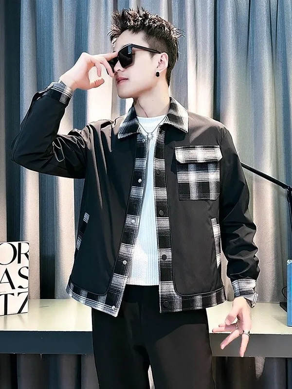 

Модная мужская куртка в клетку в корейском стиле, весенне-осенняя, из полиэстера, с длинными рукавами, приталенная