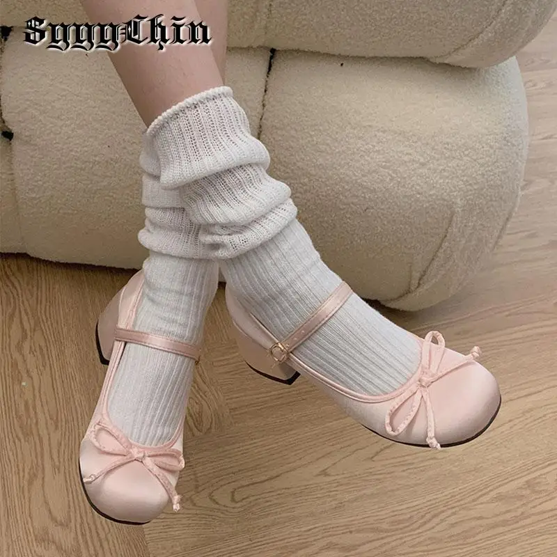 Women Ballet Pumps Lolita Mary Jane Ladies Chunky Heel Bow-knot Shallow Sandals Female Cute Sweet Round Toe College Girl Shoes