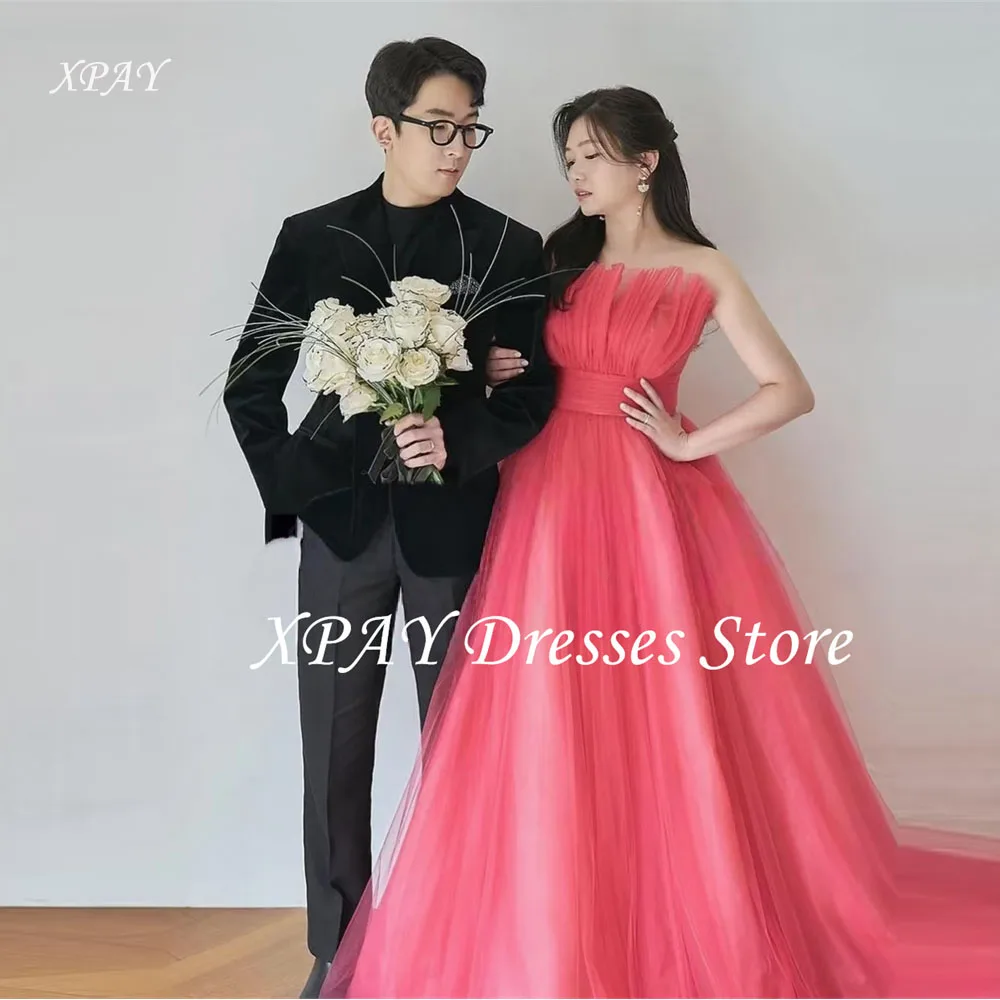 

XPAY Fairy Tulle Korea Evening Dresses Scalloped Photo shoot Korea Wedding Party Dress Customized Rose Pink Bride Dresses