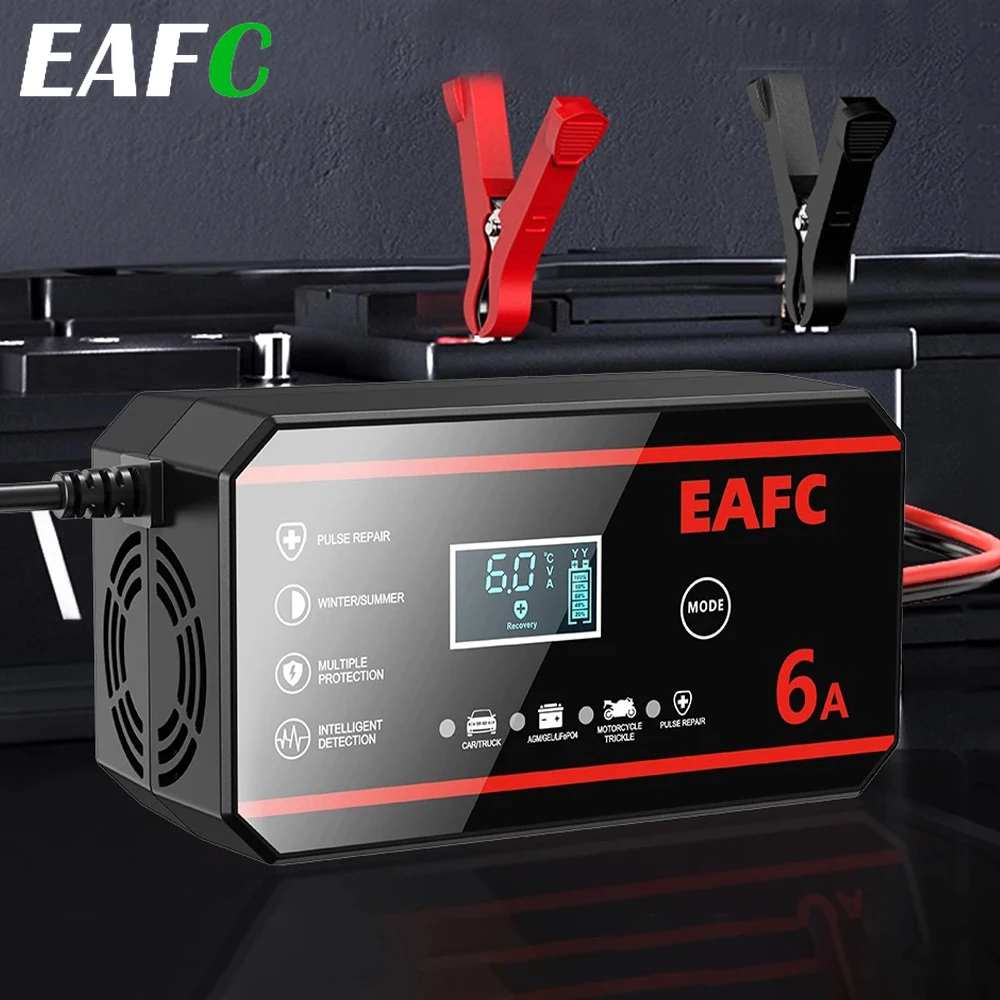 

EAFC 12V 6A Smart Car Battery Charger Automatic Motorcycle Batteries Charging Pulse Repair for LiFePO4 AGM GEL WET Lead Acid