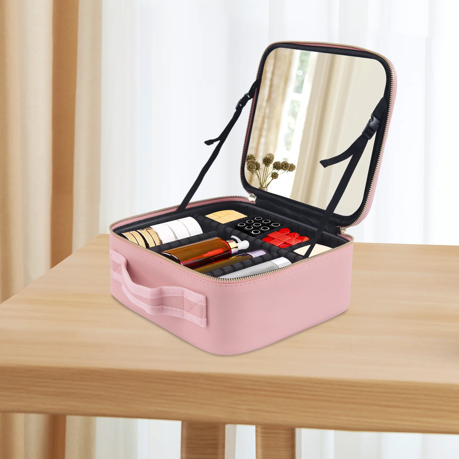 Silent Valley Cosmetic Box With Mirror Cosmetic Travel Case Portable Makeup Bag Adjustable Dividers Toiletry Jewelry Gift