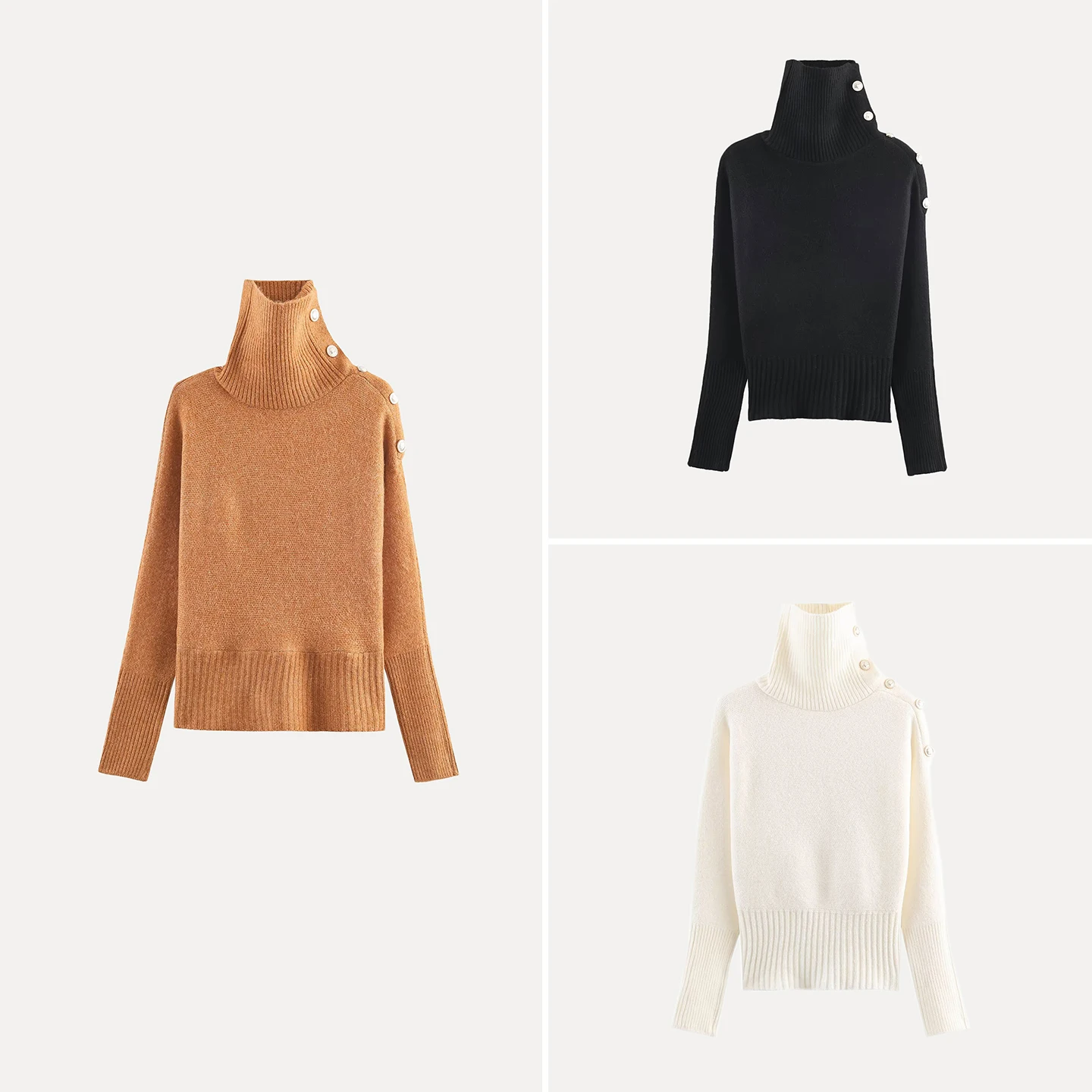 

Модная вязаная женская кофта с длинным рукавом, воротником-стойкой и открытыми плечами, свободного кроя, для повседневной носки.