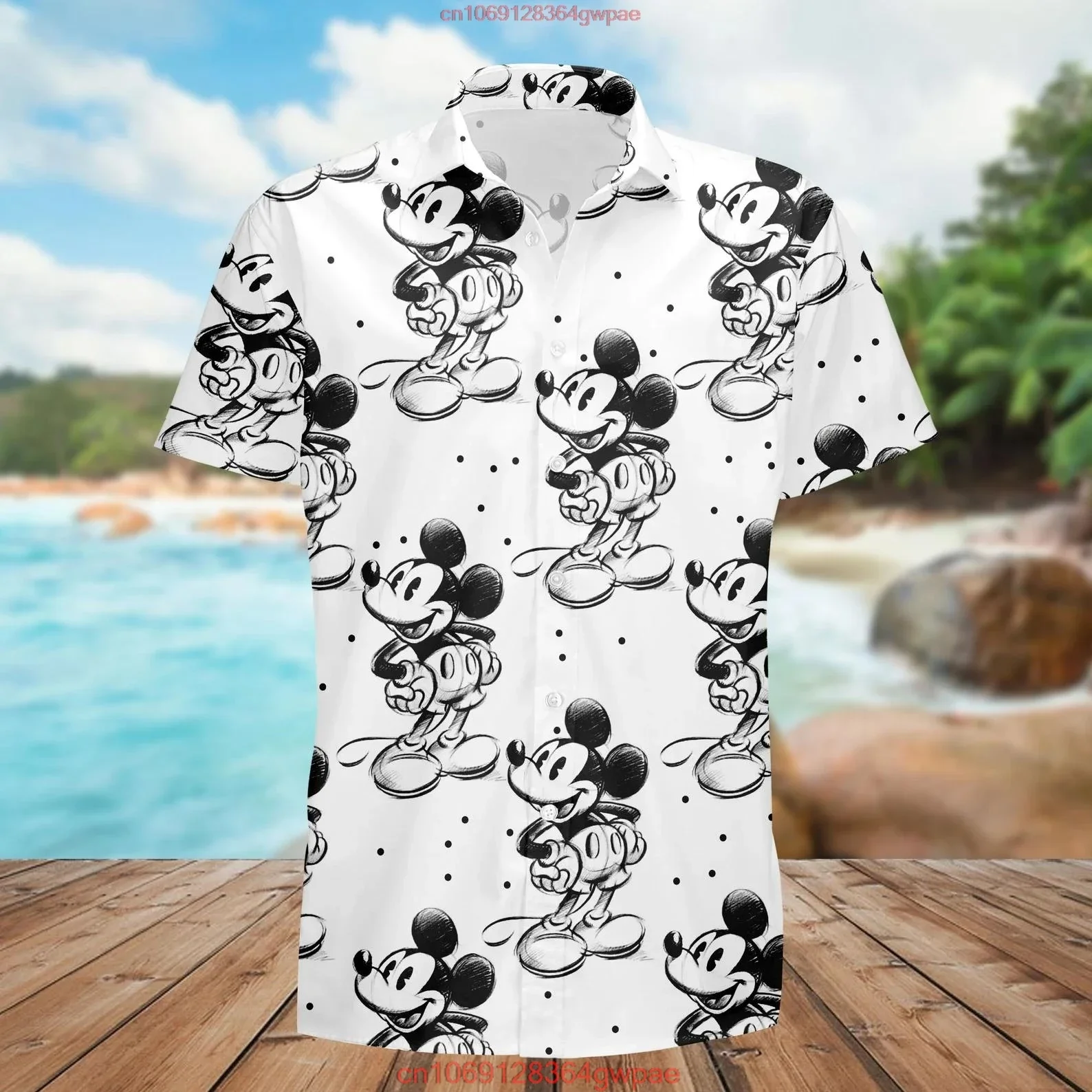 Sketch of Steamboat kemeja Hawaii Mickey kaus lengan pendek pria terinspirasi Disney kancing bawah kaus pantai modis untuk pria