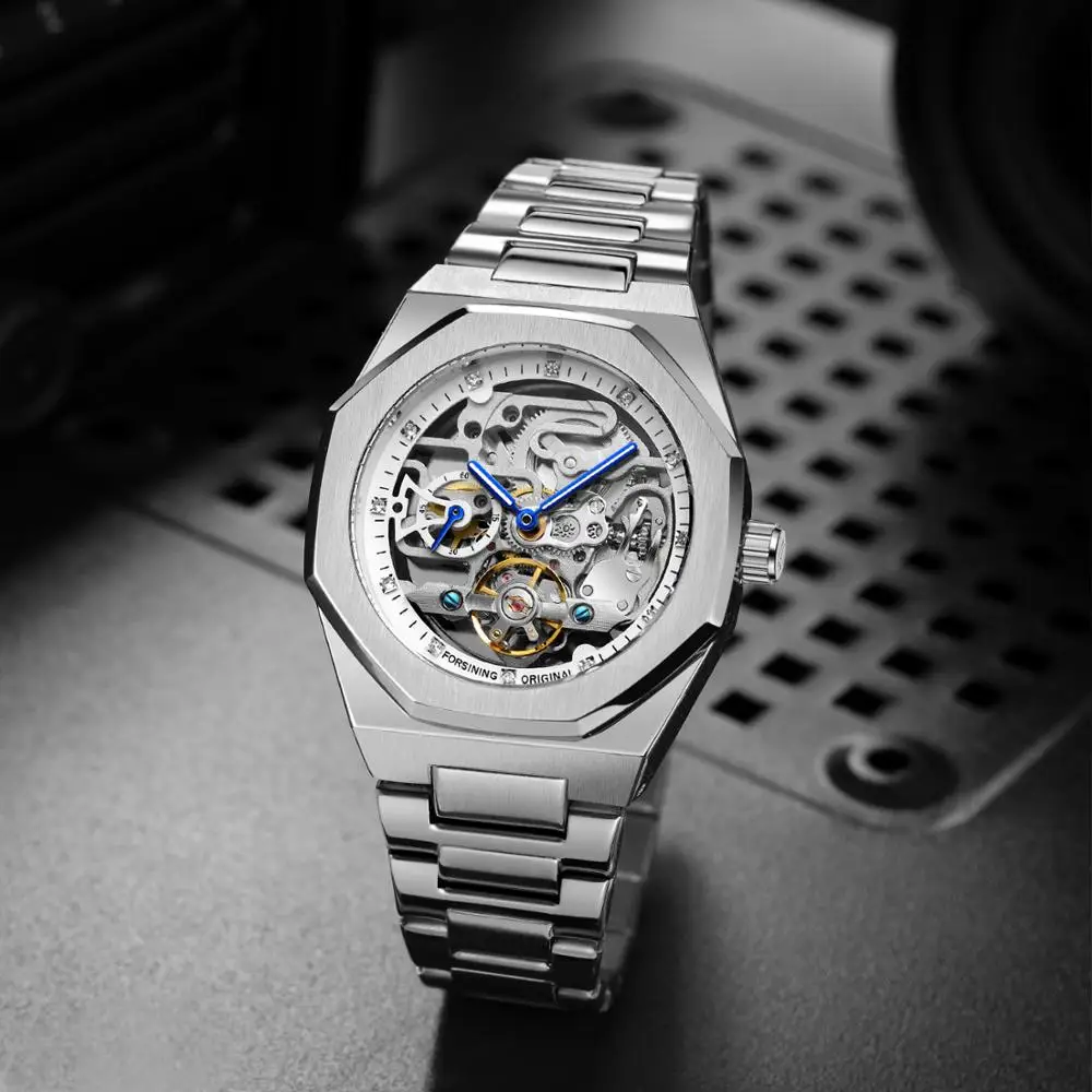 Fashion Forsining Top Brand Silver Mens Watches Top Luxury Automatic Mechanical Stainless Steel Business Skeleton Wristwatch