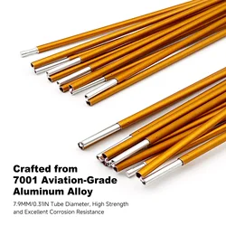Outdoor Camping Tent Poles Upgraded 7.9mm Lightweight Aluminum Tent Poles Durable Retractable 2-Pack Golden Replacement Poles