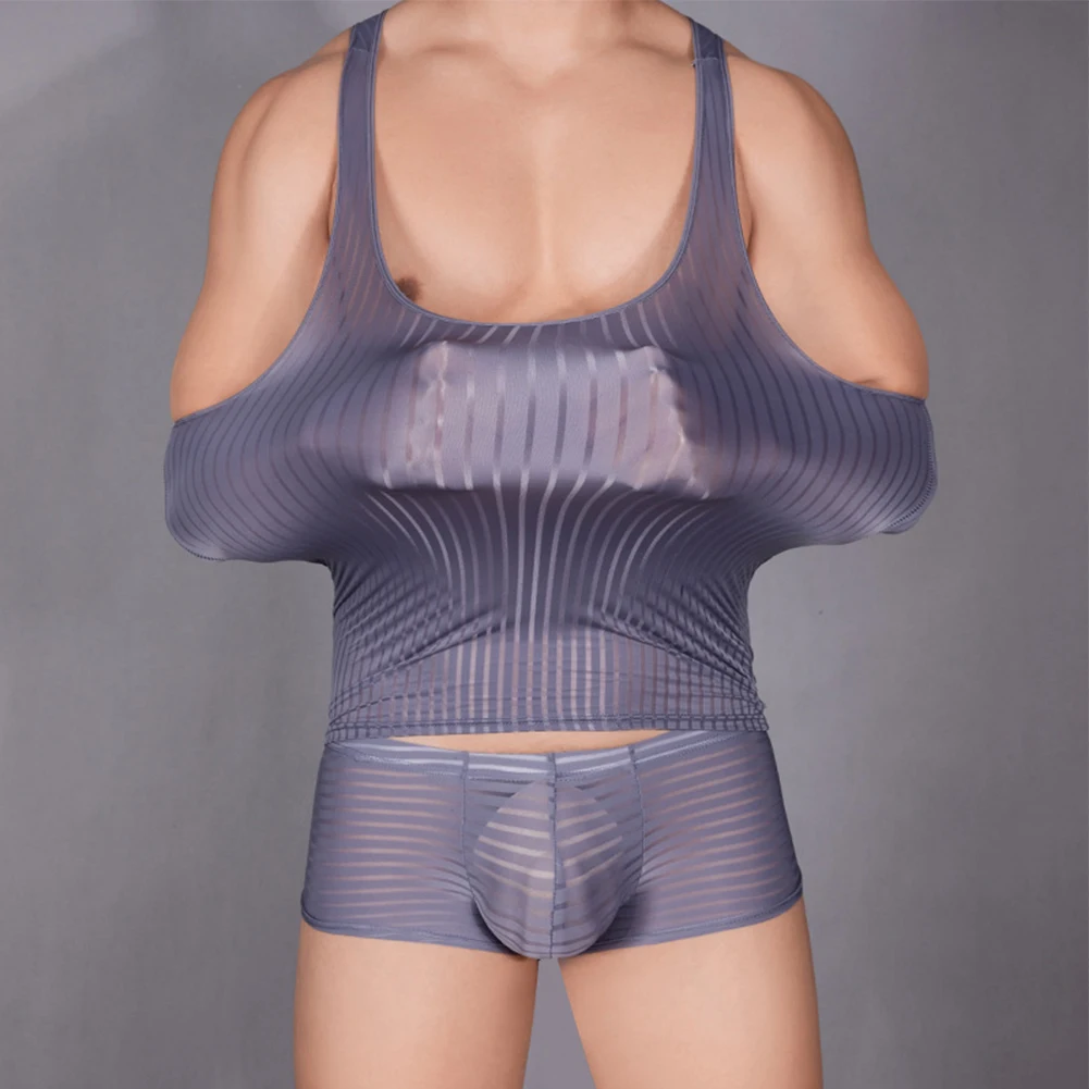 Sexy Men Vertical Striped Stretchy Vest Sheer Mesh See Through Top Underwear Posing Muscle Fitness Tank Top Comfortable Lingerie