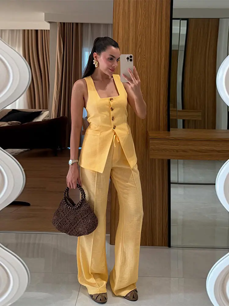 Conjunto elegante de chaleco y pantalones con cuello cuadrado para mujer, traje sin mangas con botones y cintura ceñida, moda de verano 2025, trajes de oficina de 2 piezas para mujer