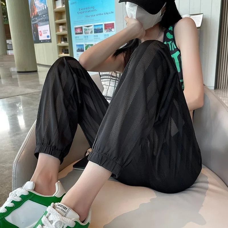 

Летние мужские повседневные брюки из ледяного шелка большого размера, свободного кроя, длинные, для улицы, модные, дышащие, комфортные, тонкие