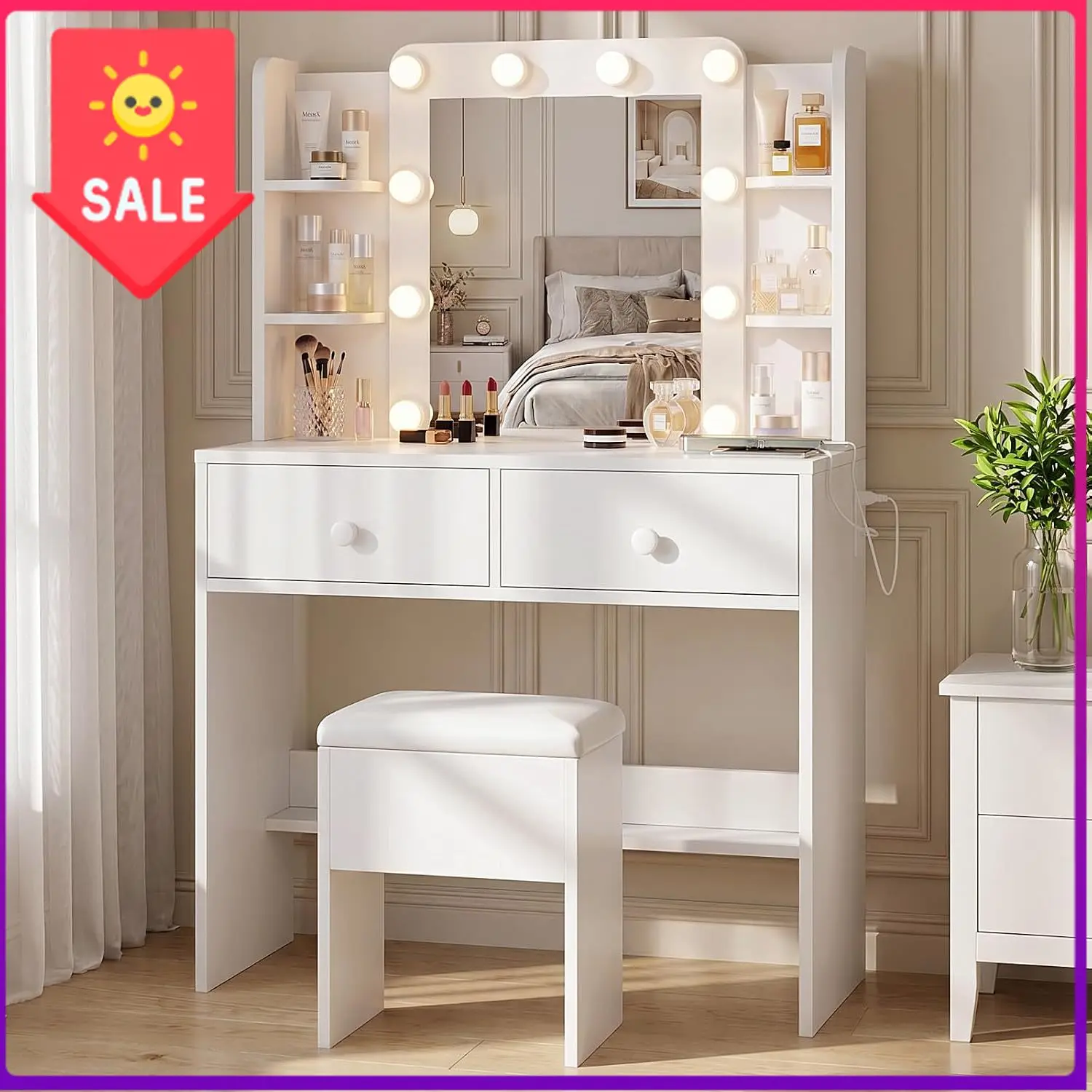 Makeup Vanity Desk with LED Mirror and Chair Set, White | 3 Lighting Modes, Built-in Charging Station, Storage Drawers
