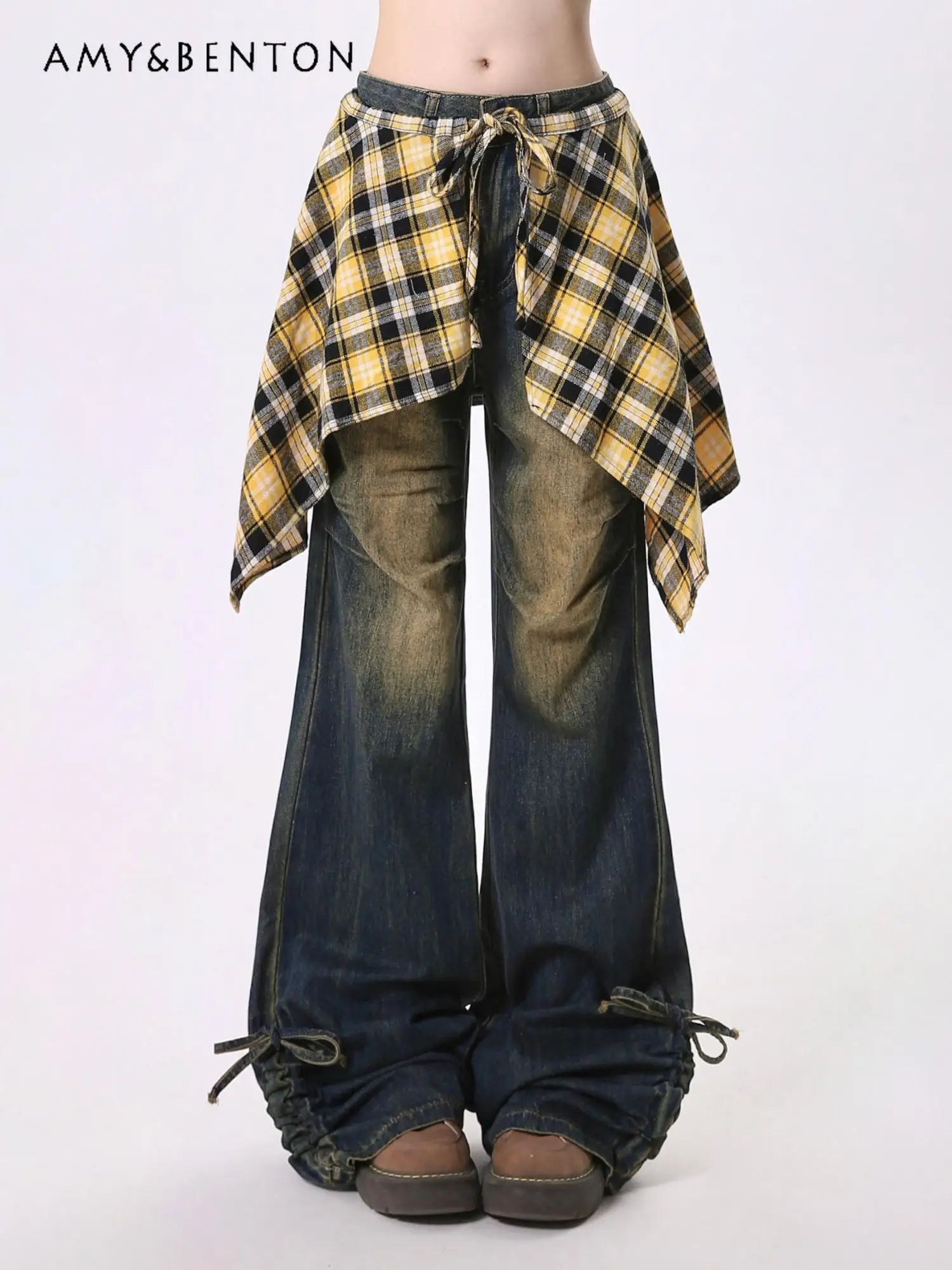

2025 Spring and Summer American Pleated Old Design Spice Girl Skirt with Casual Micro-pull Denim Trousers