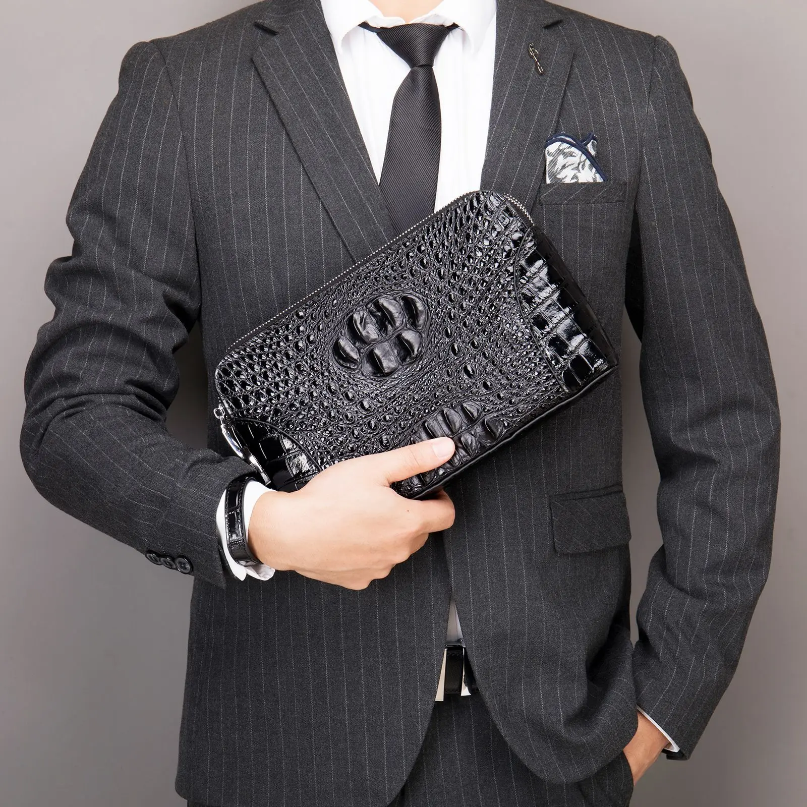 Crocodilo Padrão Axila Clutch Bag, titular do cartão anti-roubo, carteira de luxo dos homens