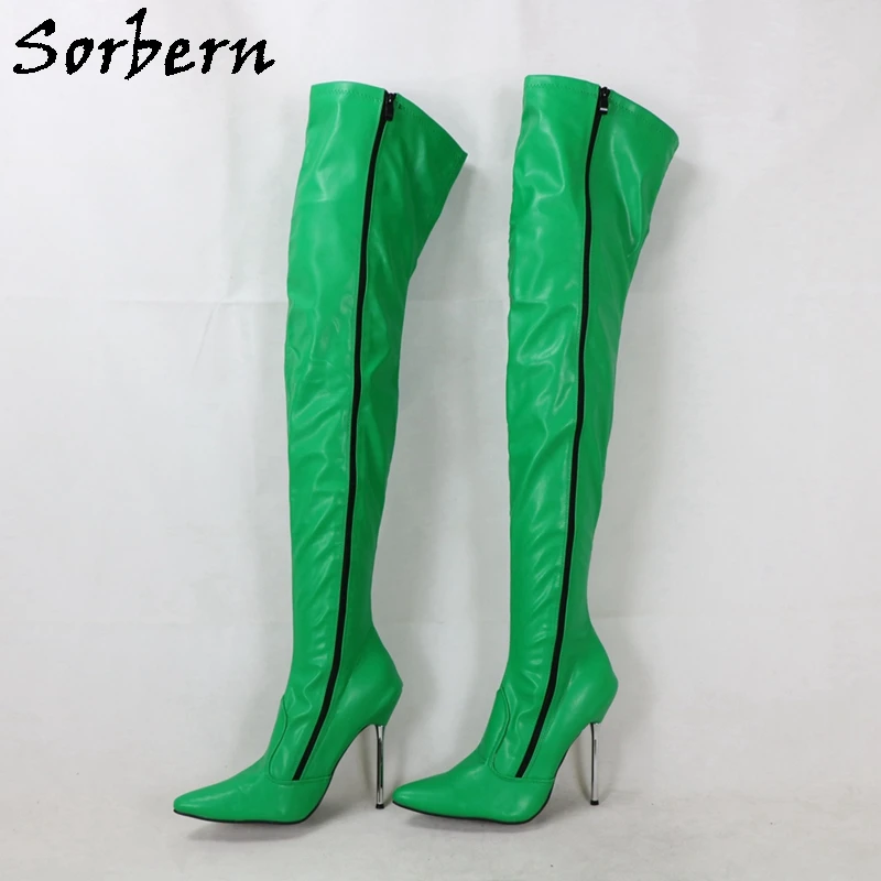 حذاء طويل Sorbern-Green غير لامع ، سحاب مزدوج الجانب ، كعب عالي ، كروسدرسر ، صنم فوق الركبة الحذاء ، مخصص واسع أو نحيف الساق