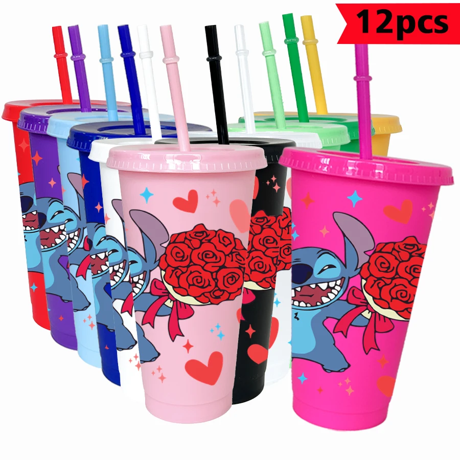 

12 шт./упак. Disney Stitch Roses 26 унций цветной пластиковый стакан для дня рождения, питьевая посуда, кружка для сока, кофе