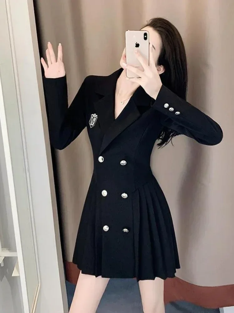 Office Solid Color Preppy Style Chic Button Casual Female Dresses Autumn New Black Double Breasted Loose Fashion Women\'s Dress