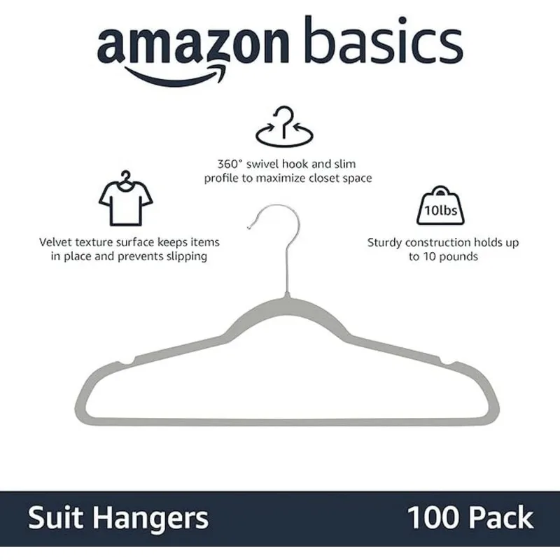 Slim, Velvet, Non-Slip, Durable Suit Clothes Hangers for Closet, Coats, Pants, Shirts, Gray/Silver, Pack of 100