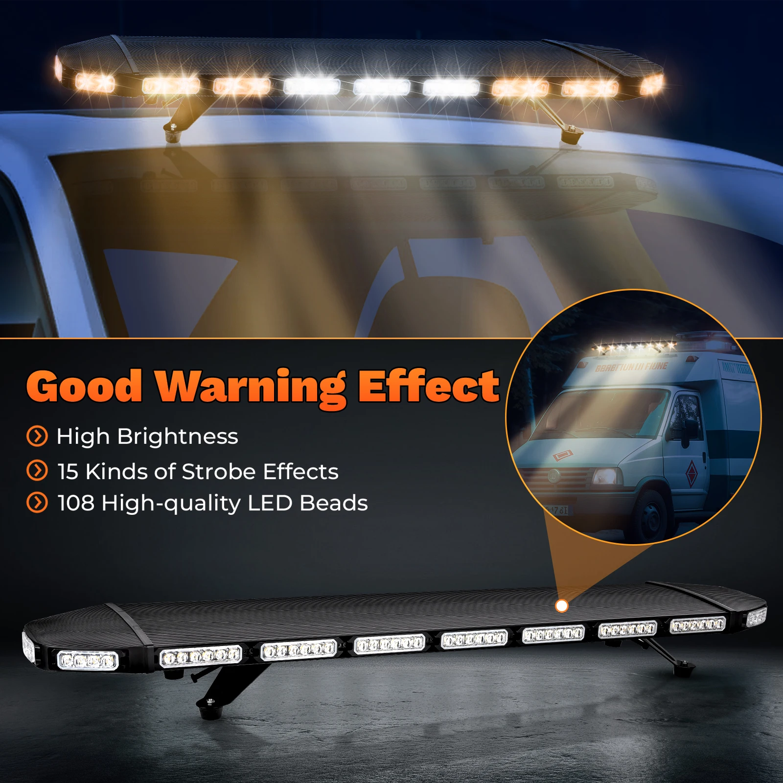 Safety Flashing LED Amber Emergency Light, Bar 47'' Strobe Beacon Warn Truck Waterproof for Construction Vehicles Tow Snow Plows