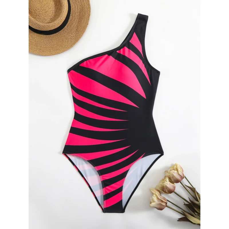 2025New Custom One-Shoulder Zebra Print One-Piece Swimsuit for Women Slim Bikini Swimwear