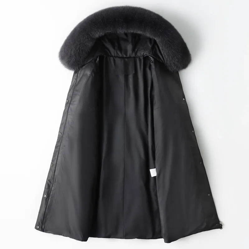 Doudoune longue en cuir de mouton véritable pour femme, col en fourrure de renard, parkas à capuche noires, blanc, canard, nouveau, hiver, 2024