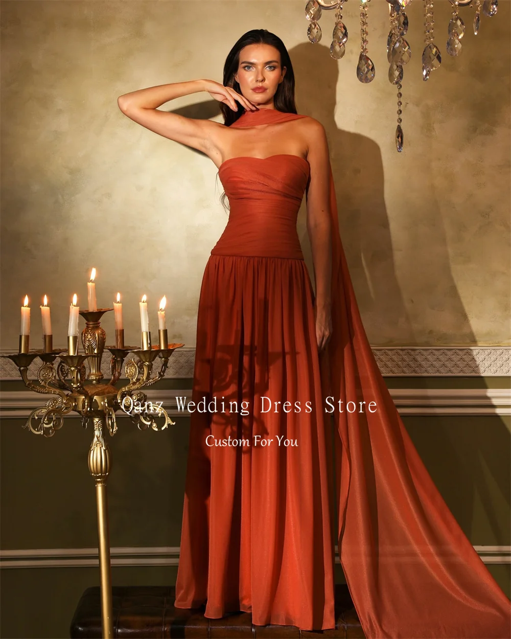 Qanz Burnt Orange Strapless Evening Dresses Women Modest Chiffon Scarf Party Dresses Long A Line Vestidos De Gala Customized image 3