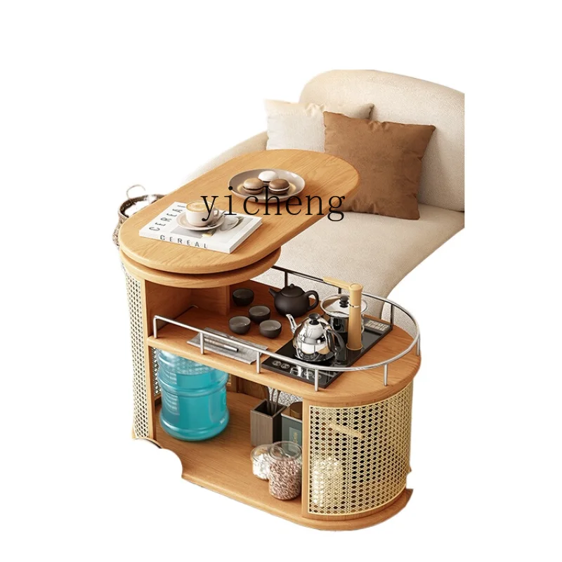 XL Mobile Solid Wood Tea Cart Household Sofa Side Table Wood Color Rotation Tea Table Tea Cabinet