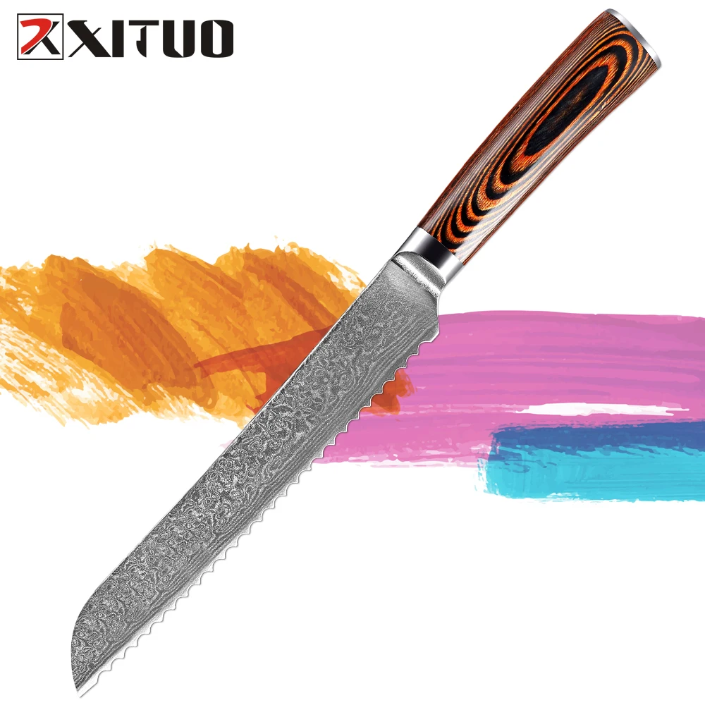 XITUO 67-layer Damascus Steel Bread Knife Baking Cake Bread Slices Serrated Cutting Tool Sharp Stainless Steel Slicing Knife New